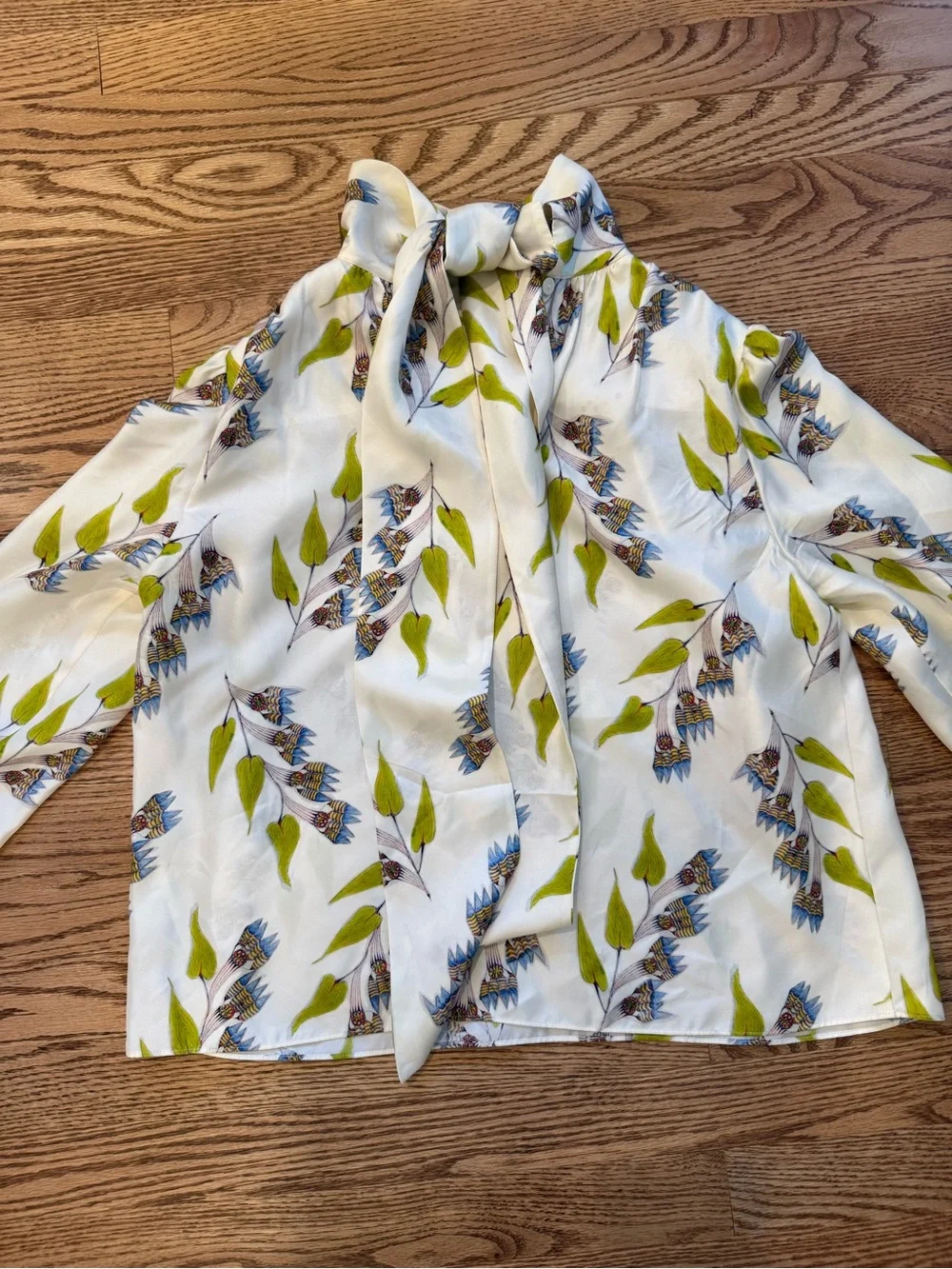 Ulla Johnson Ivory Floral Tie-Neck Blouse with Blue & Lime Motif
